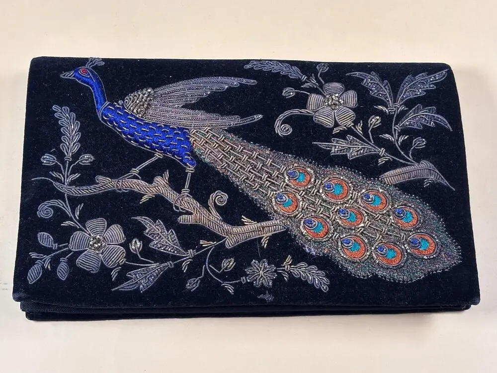 Vintage Zardozi Evening Purse-Late Deco Zardozi Embroidered Peacock Clutch Bag